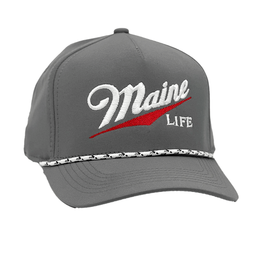 Performance 5-Panel Cap with visor cord in gray color and MAINE LiFE Embroidered lettering