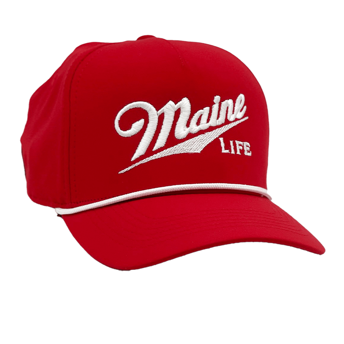 Performance 5-Panel Cap with visor cord in red color and MAINE LiFE Embroidered lettering