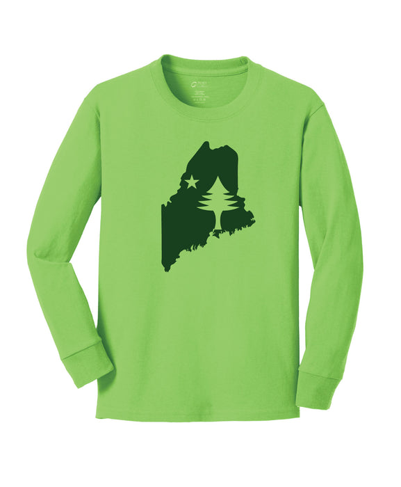 Kids Maine State Flag Long Sleeve T-Shirt-Lime Green